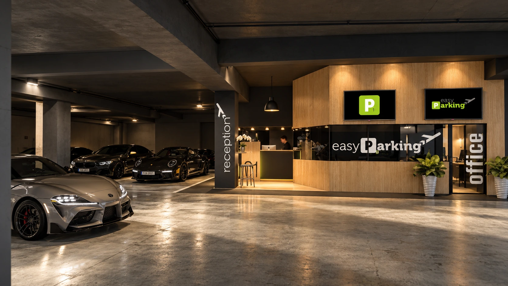 Vista geral da receção e do escritório no parque de estacionamento