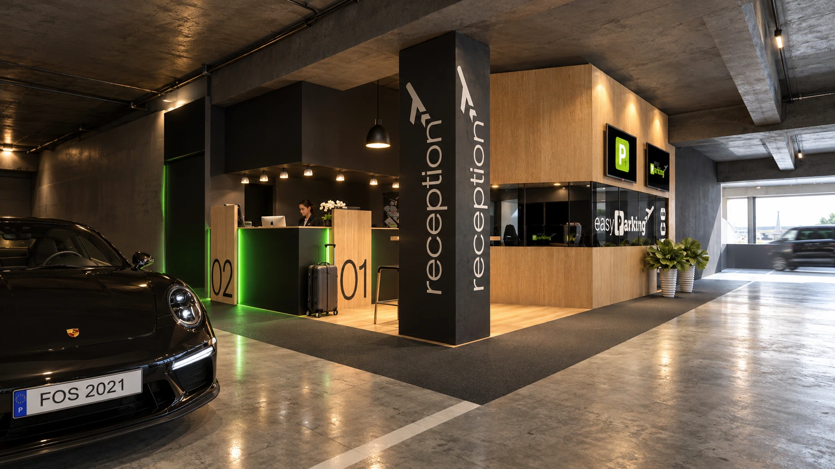 Pormenor dos balcões de atendimento com iluminação verde — visualização do Projeto 089