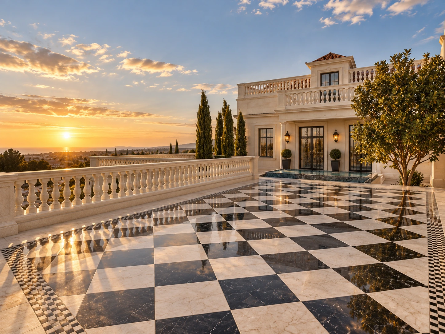 Terraço com pavimento geométrico e vista ao pôr do sol