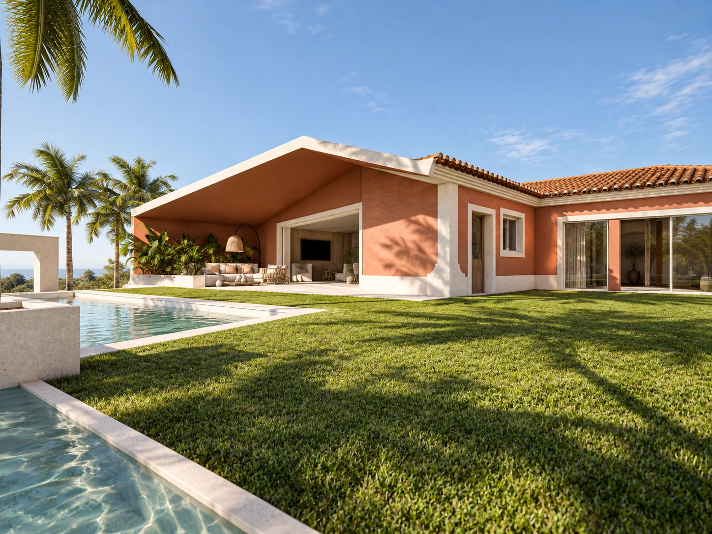 Piscina e alpendre em continuidade com a habitação — visualização do Projeto 186