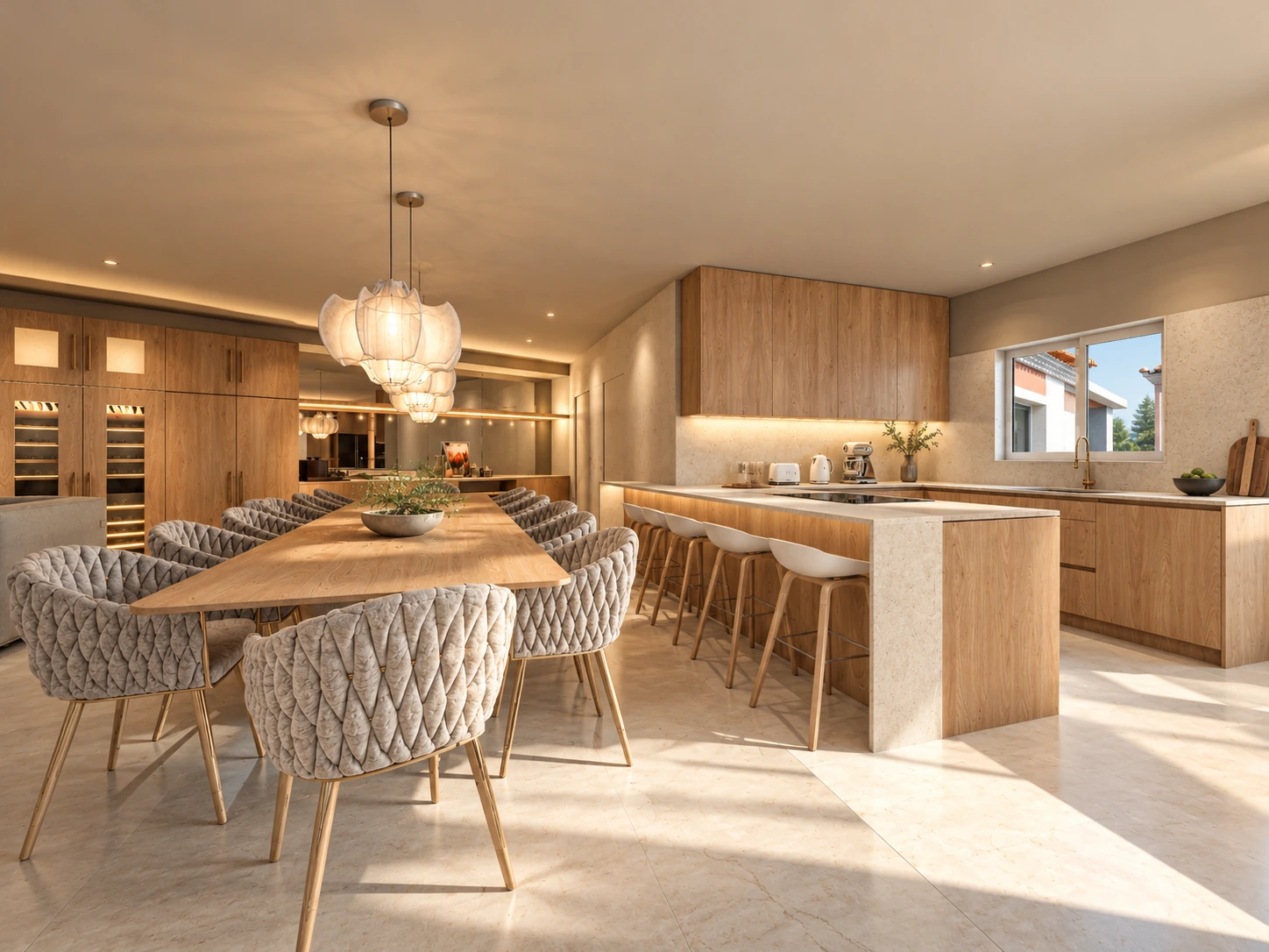 Cozinha com ilha e sala de refeições em madeira — visualização do Projeto 186