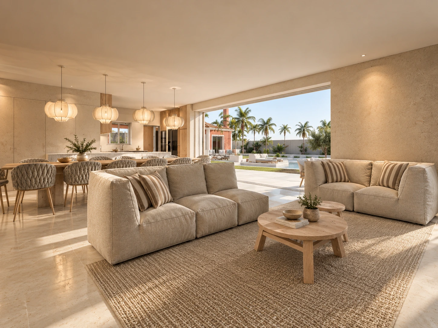 Sala de estar aberta para o jardim e a piscina — visualização do Projeto 186