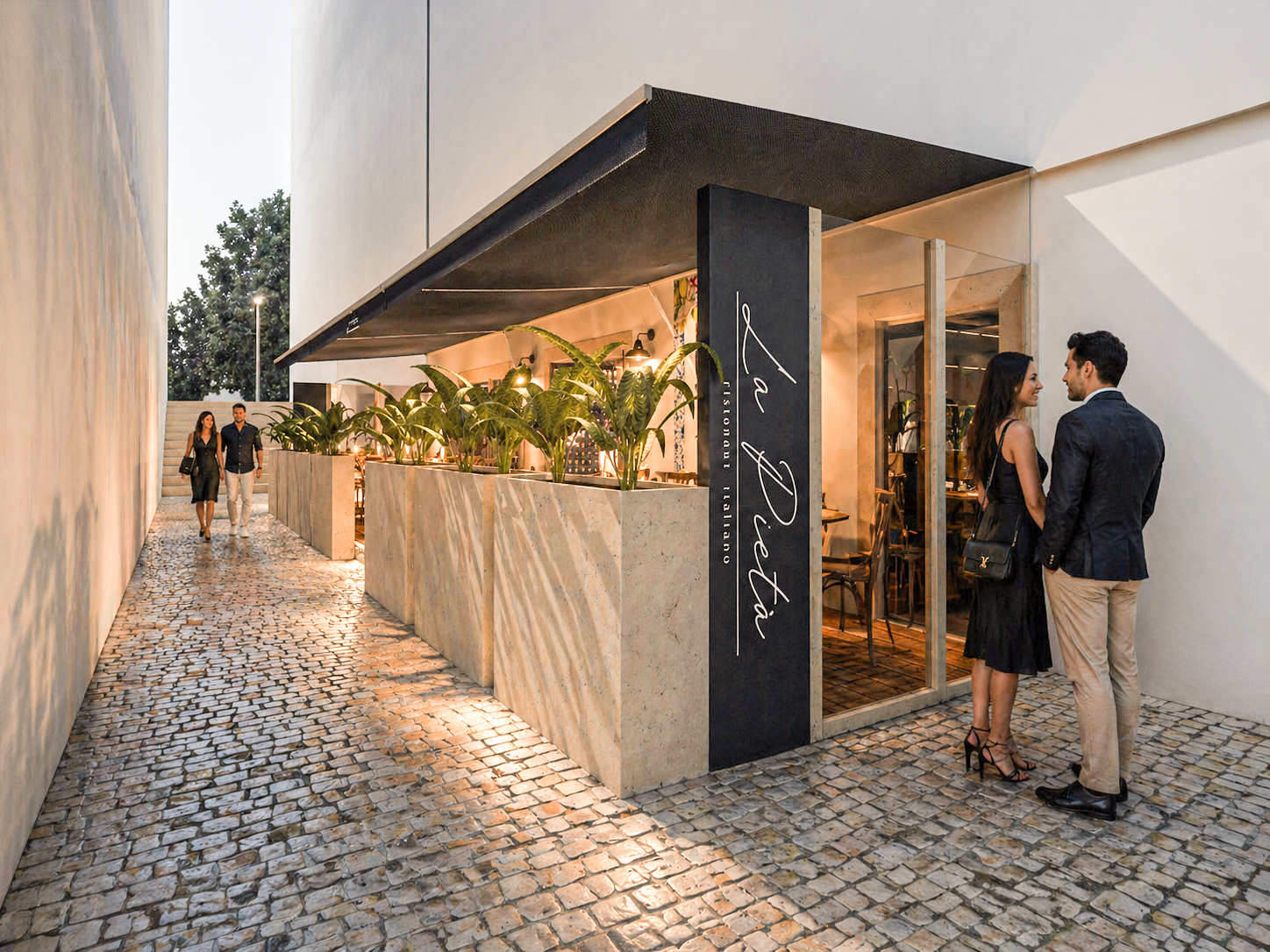 Perspetiva exterior da esplanada ao entardecer — visualização do Projeto 195