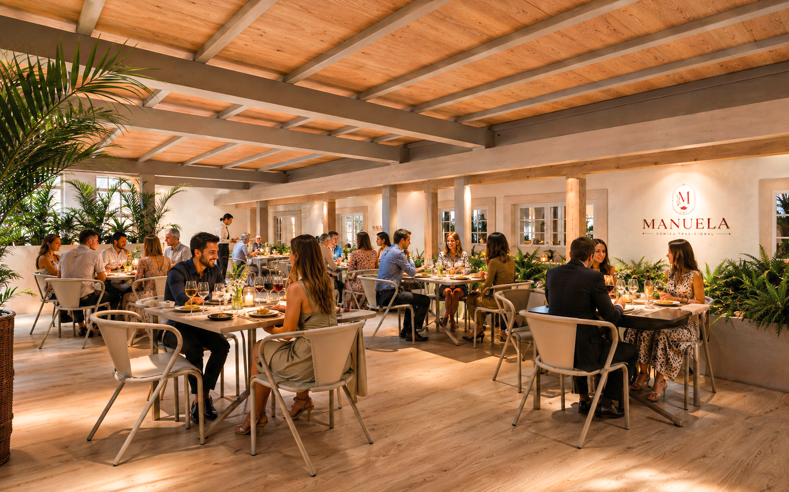 Vista geral da sala de refeições sob a cobertura em madeira