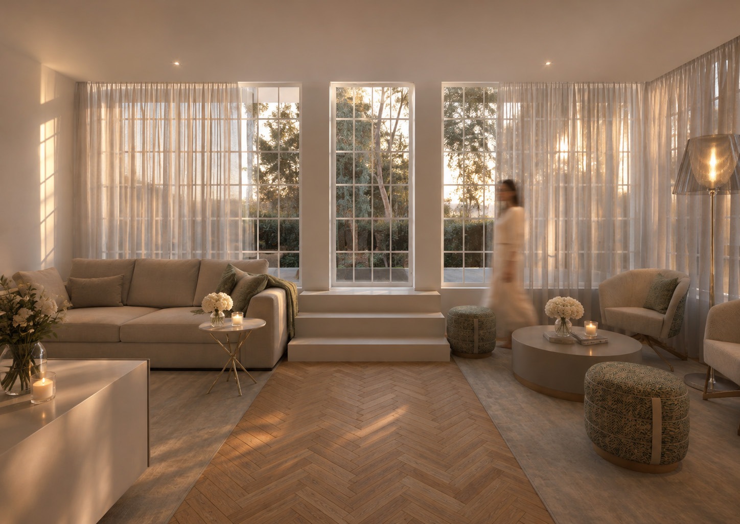 Sala de estar com luz natural e mobiliário claro