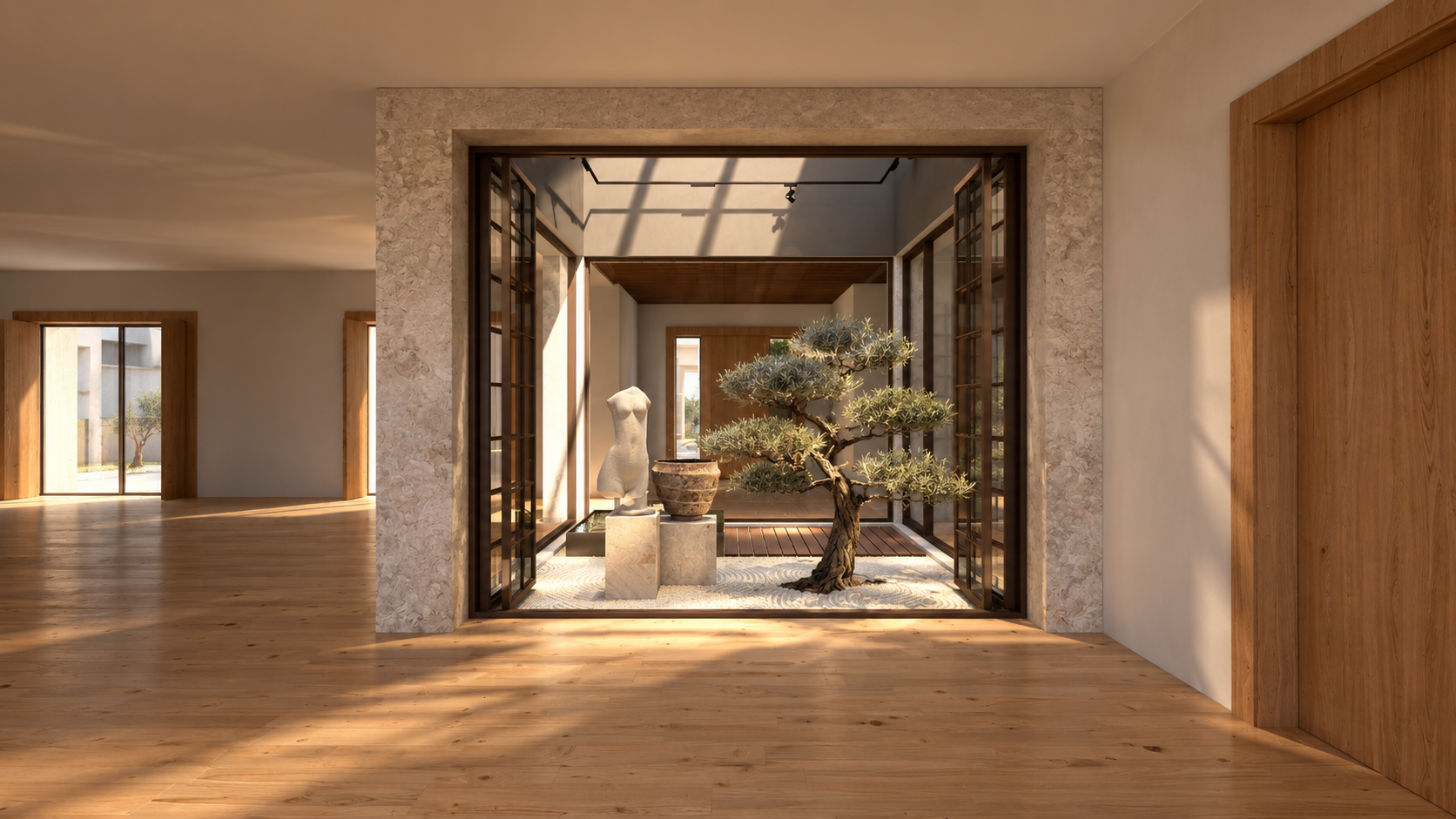 Jardim interior com oliveira, escultura e enquadramento em pedra